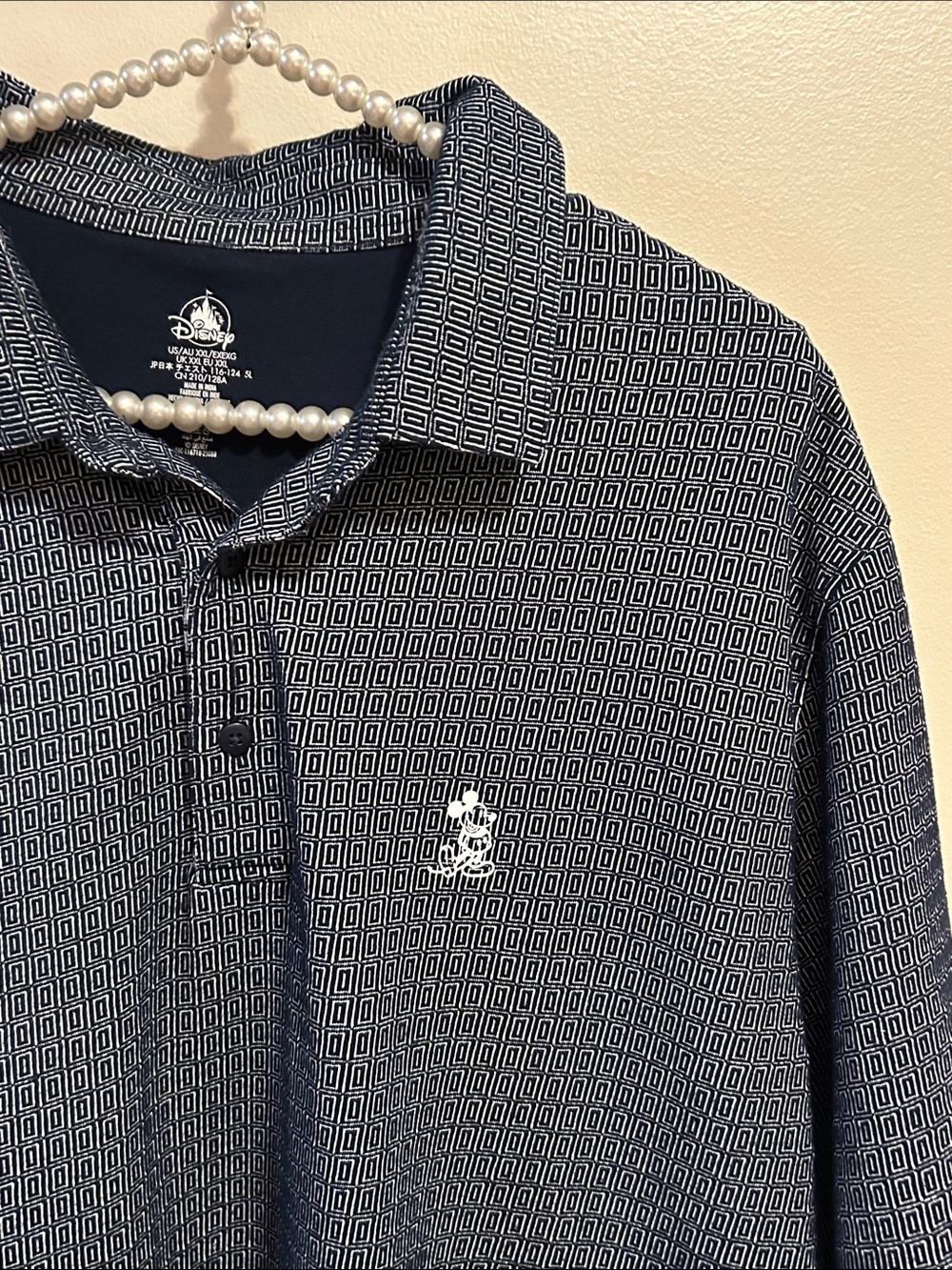 Disney Parks Mickey Mouse Mens Geometric Pattern Navy Blue Stretch Golf Polo XXL
